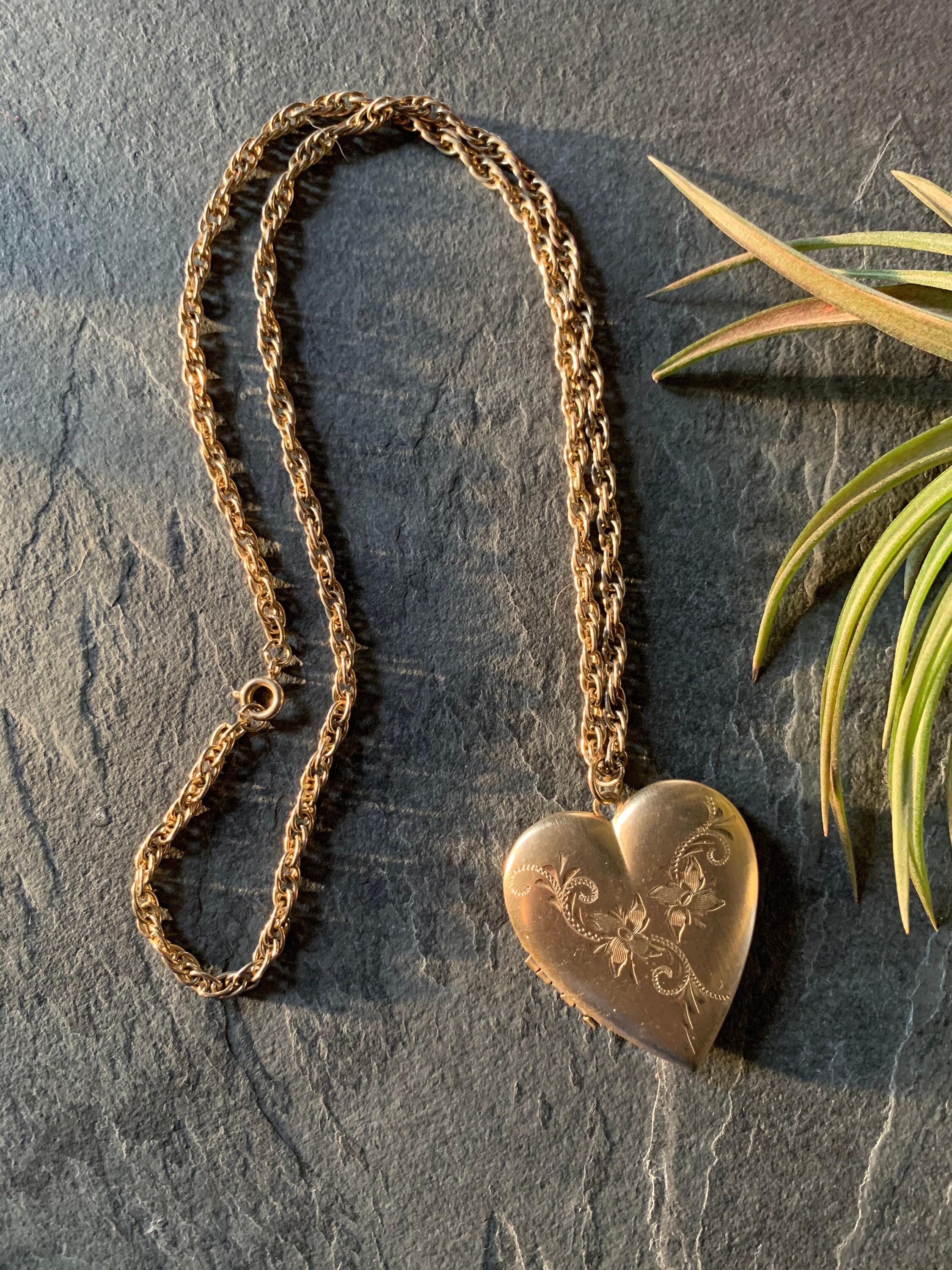 Vintage Oversized Heart Locket Necklace With Floral Engraving