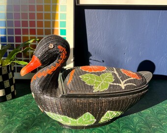 Vintage Hand Painted Wicker Duck Basket With Lid