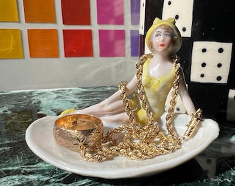 Art Deco Porcelain Bathing Beauty On An Oyster Shell Ring Dish, Germany