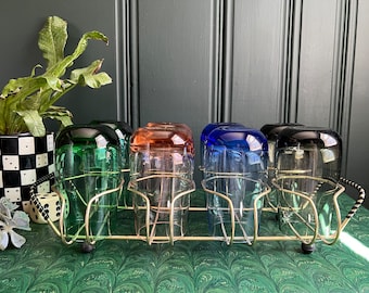 Set Of Eight Colorful Mid Century Cocktail Glasses With Brass Caddy