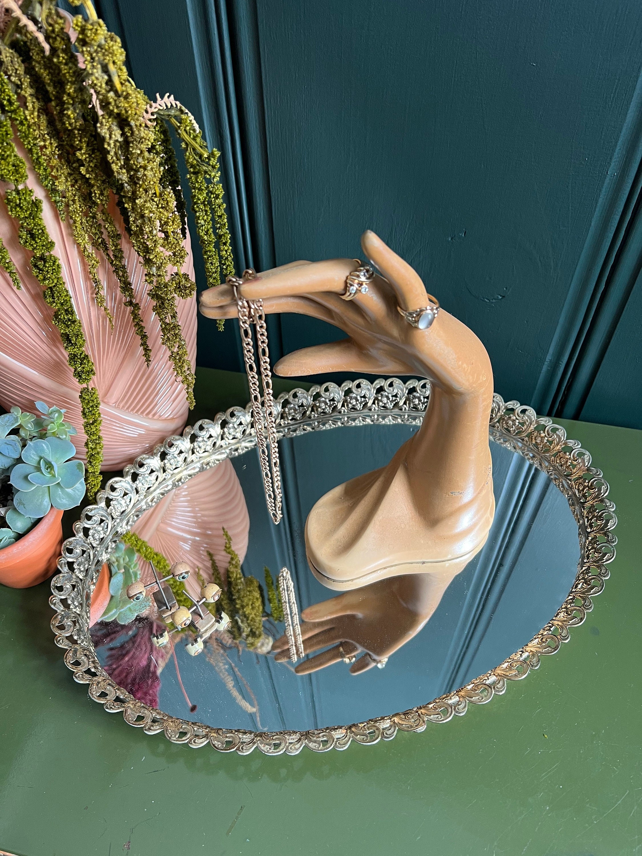 Large Mirrored Vanity Display Tray With Floral Filigree Frame