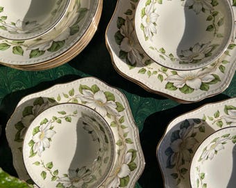 Vintage Magnolia Pattern Gold Rim Fine China Plates And Bowls Set By Homer Laughlin