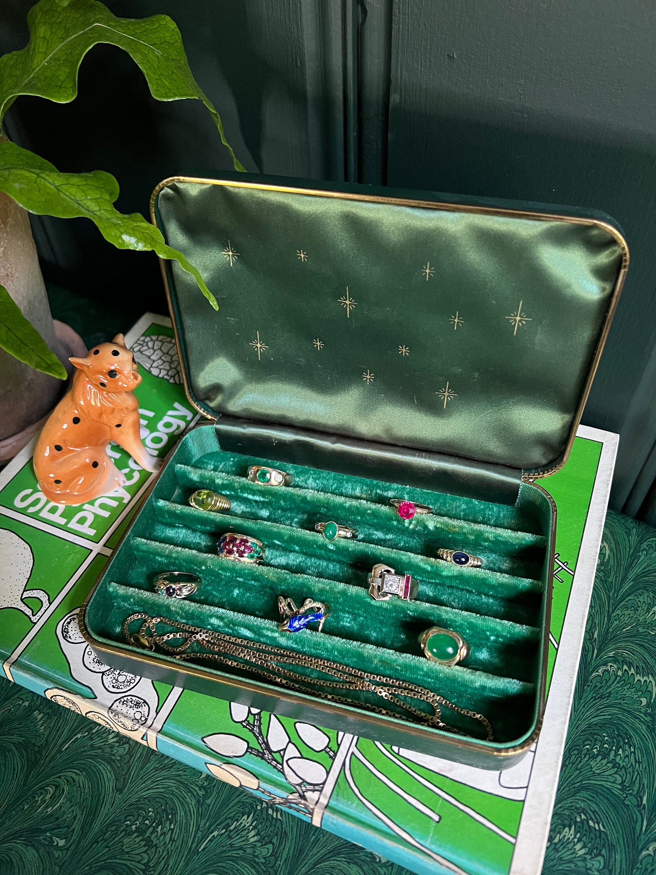 Vintage Emerald Green Jewelry Box With Gold Details, & Velvet And Silk