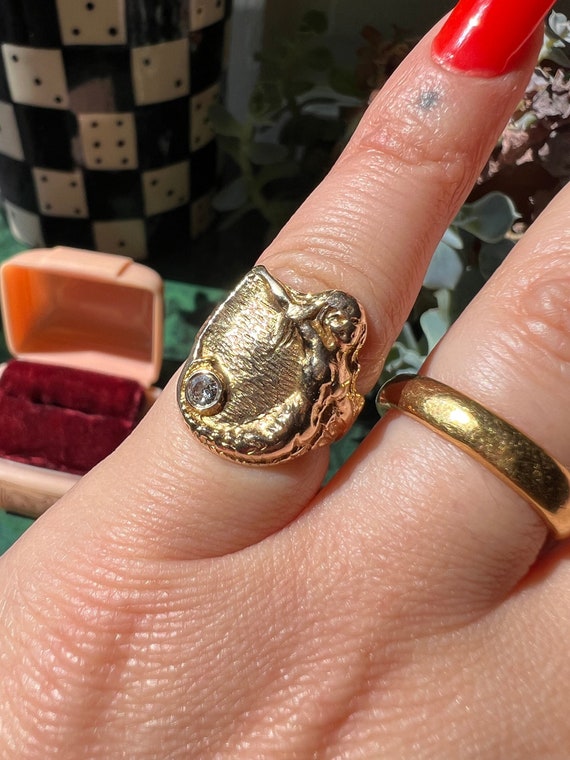 Antique Art Nouveau 14k Yellow Gold & Diamond Mermaid Ring