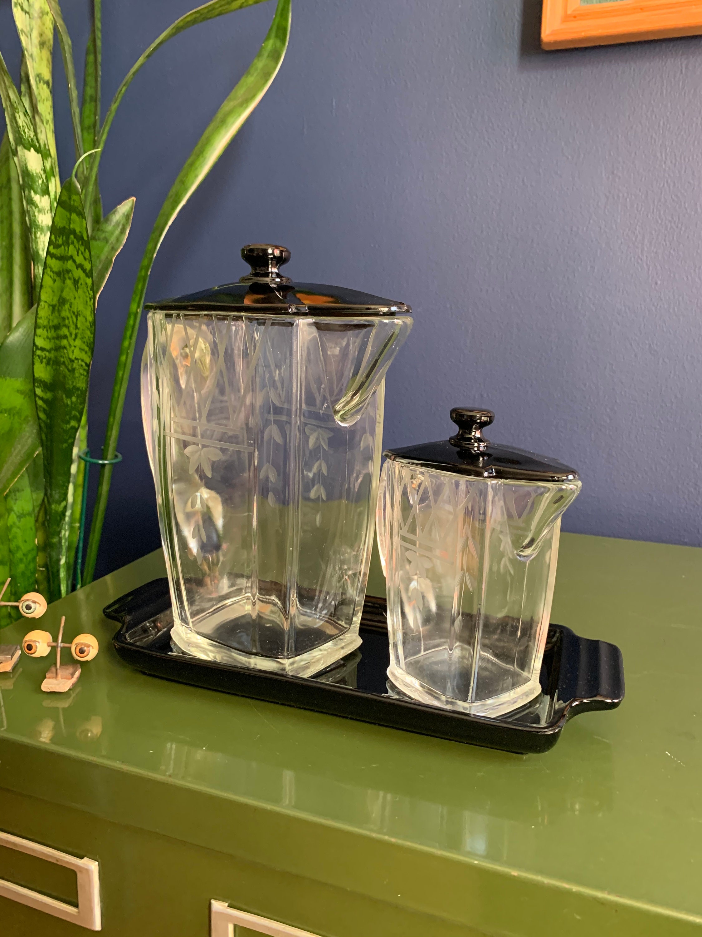 Vintage Glass Pitcher Set With Serving Tray