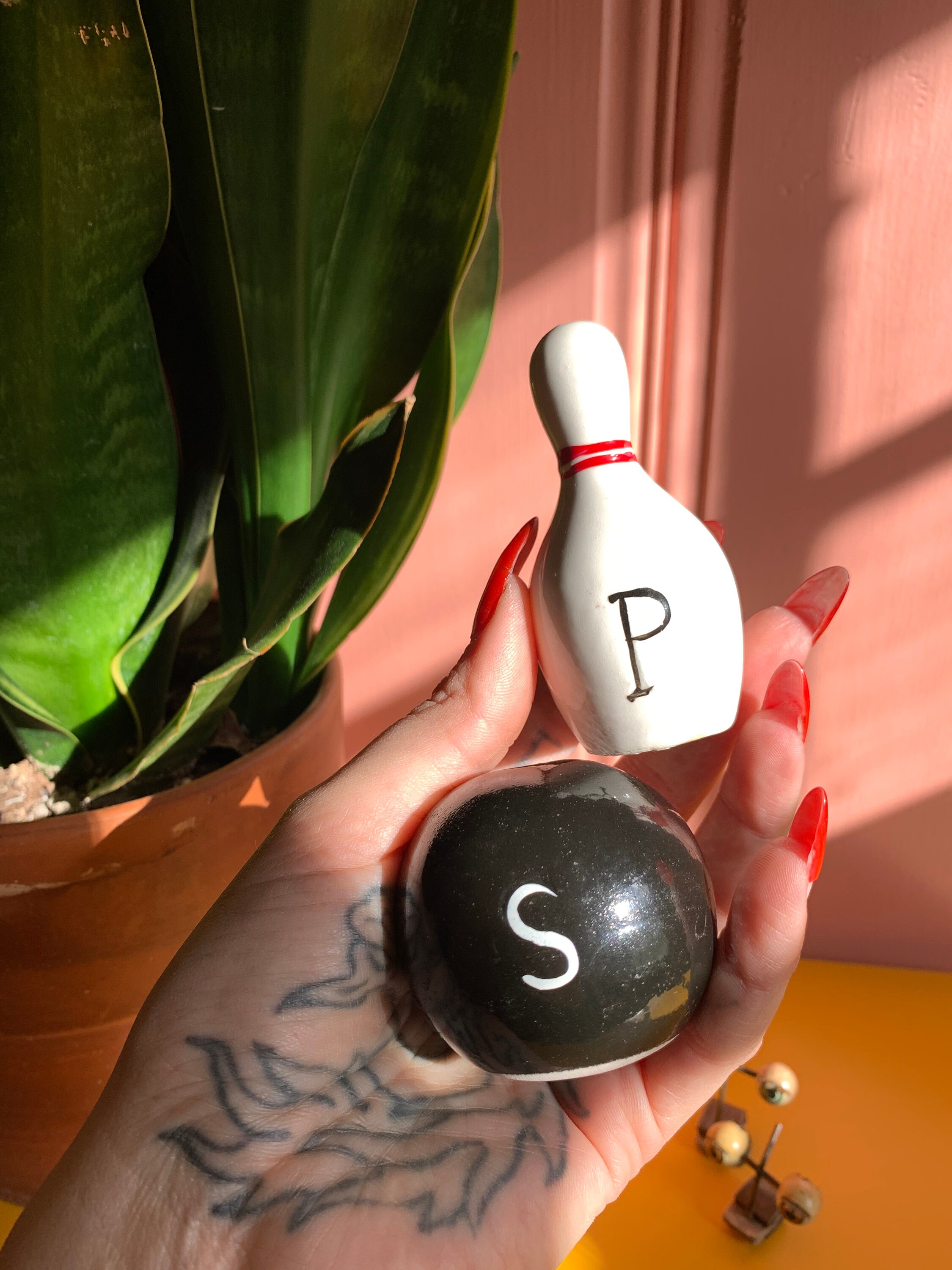 Vintage Ceramic Bowling Ball & Pin Salt and Pepper Shakers