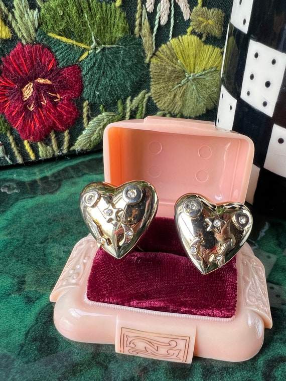 1980's Puffy Heart Clip On Earrings With Rhinesto… - image 4