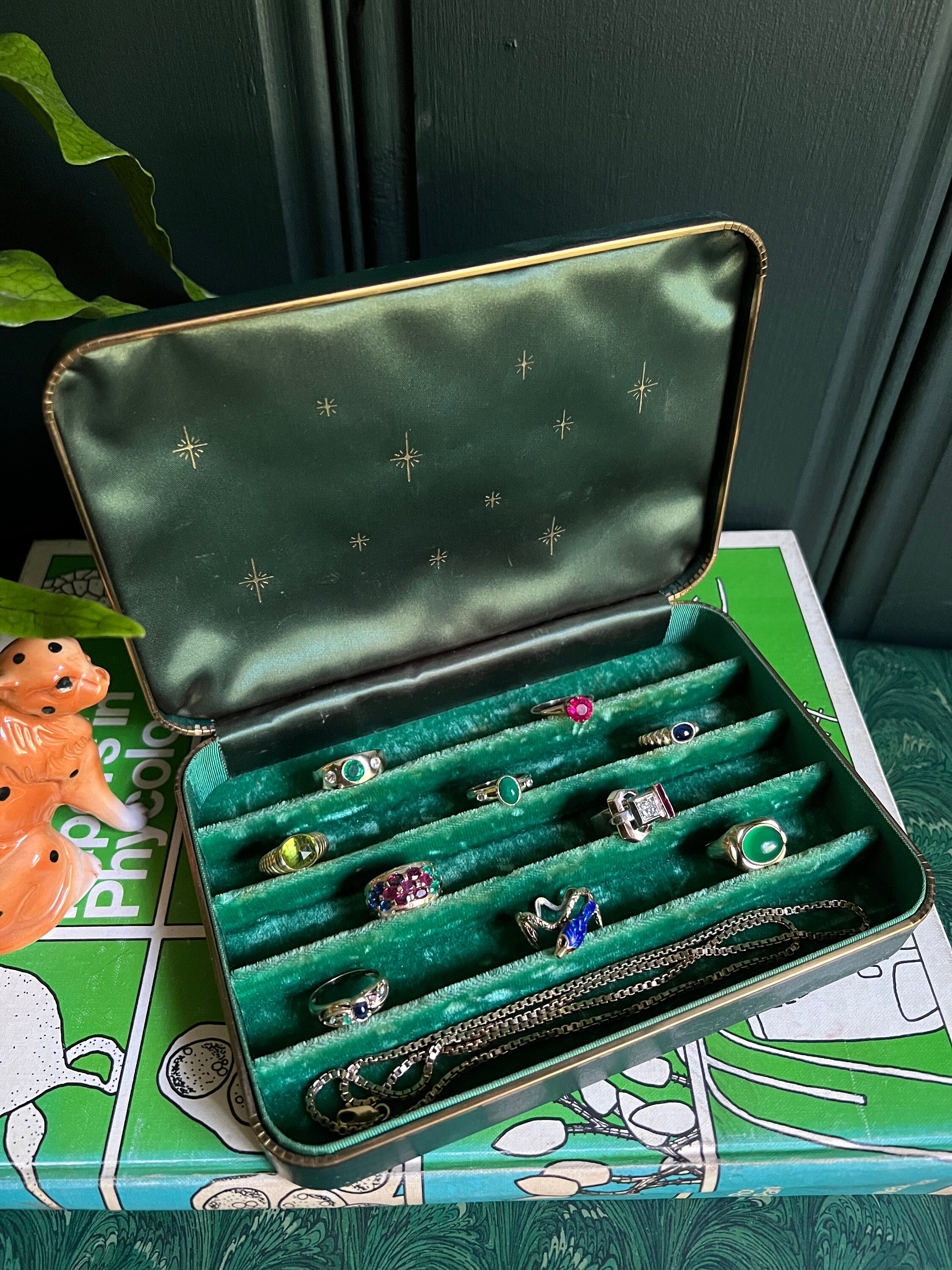 Vintage Emerald Green Jewelry Box With Gold Details, & Velvet And Silk