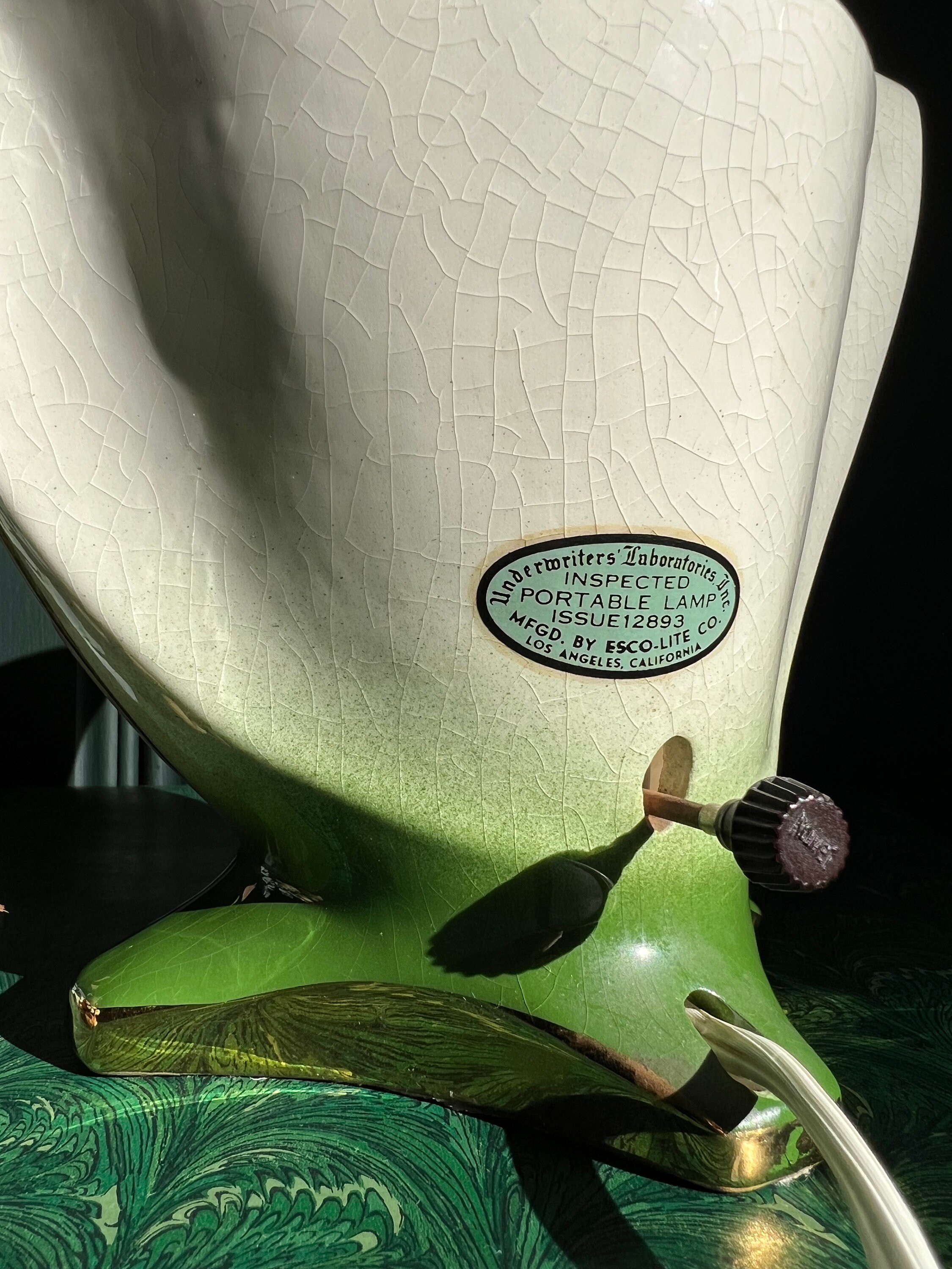 Rare Mid Century Ceramic Palm Leaves TV Lamp by EscoLite Co California