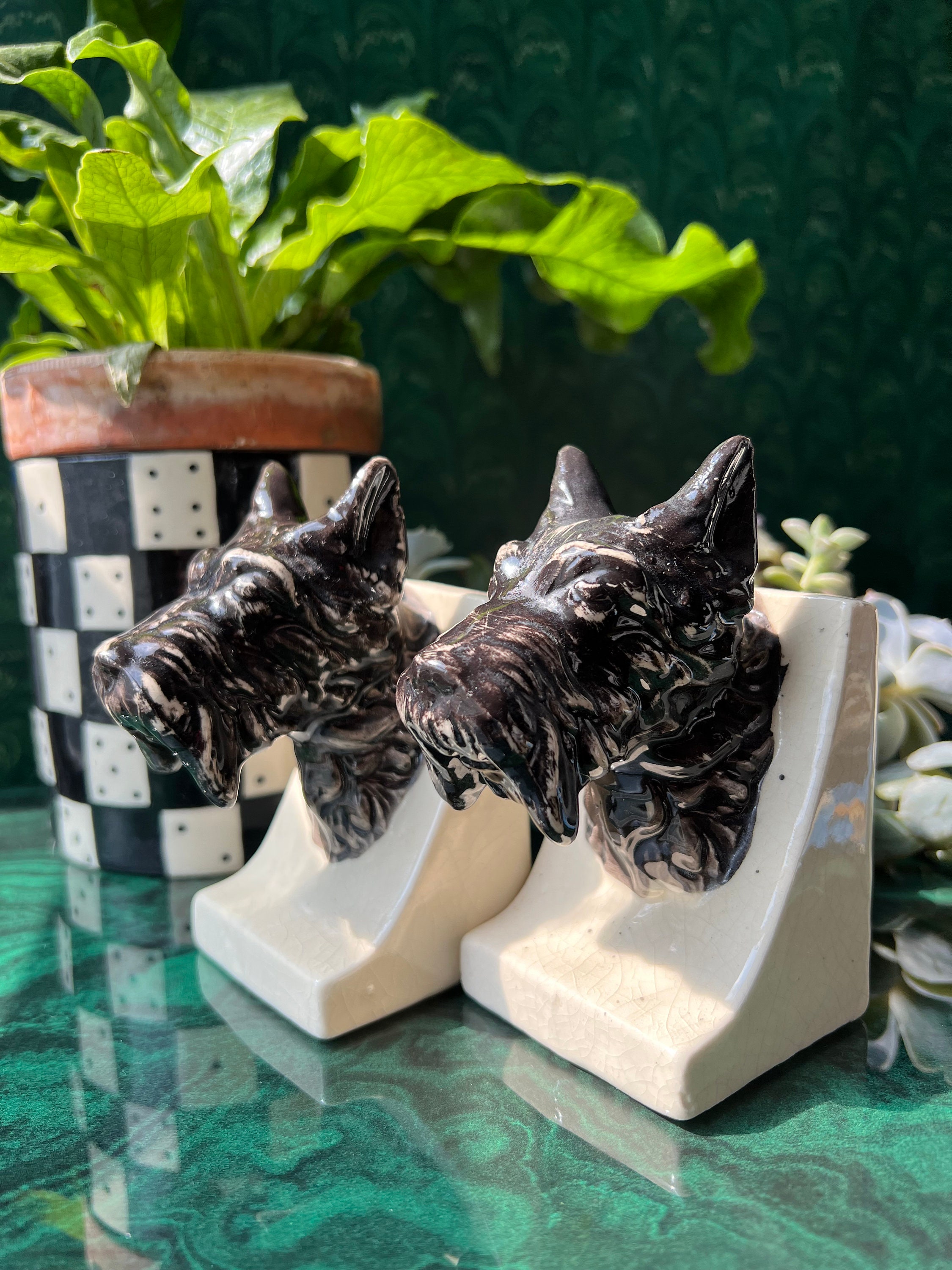Vintage Ceramic Scotty Dog Head Bookends, Japan