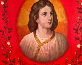 Antique Hand Painted Silk Church Banner: Portrait, Florals, Gold Fringe