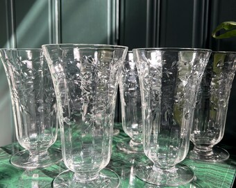 Set Of Six Art Deco Floral Etched Faceted Cocktail Glasses