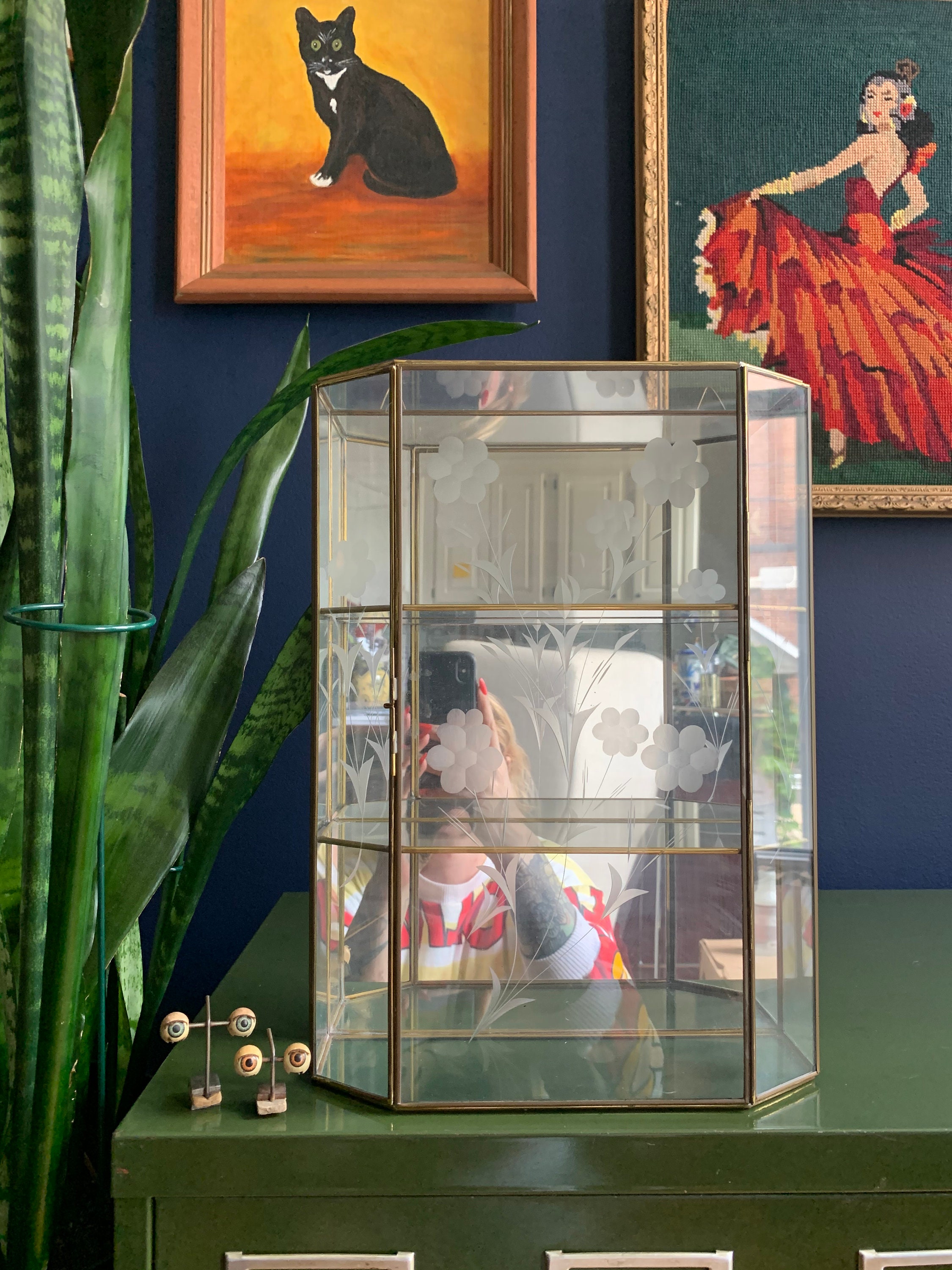 Large Mirrored Glass Curio Display Case With Flower Etchings