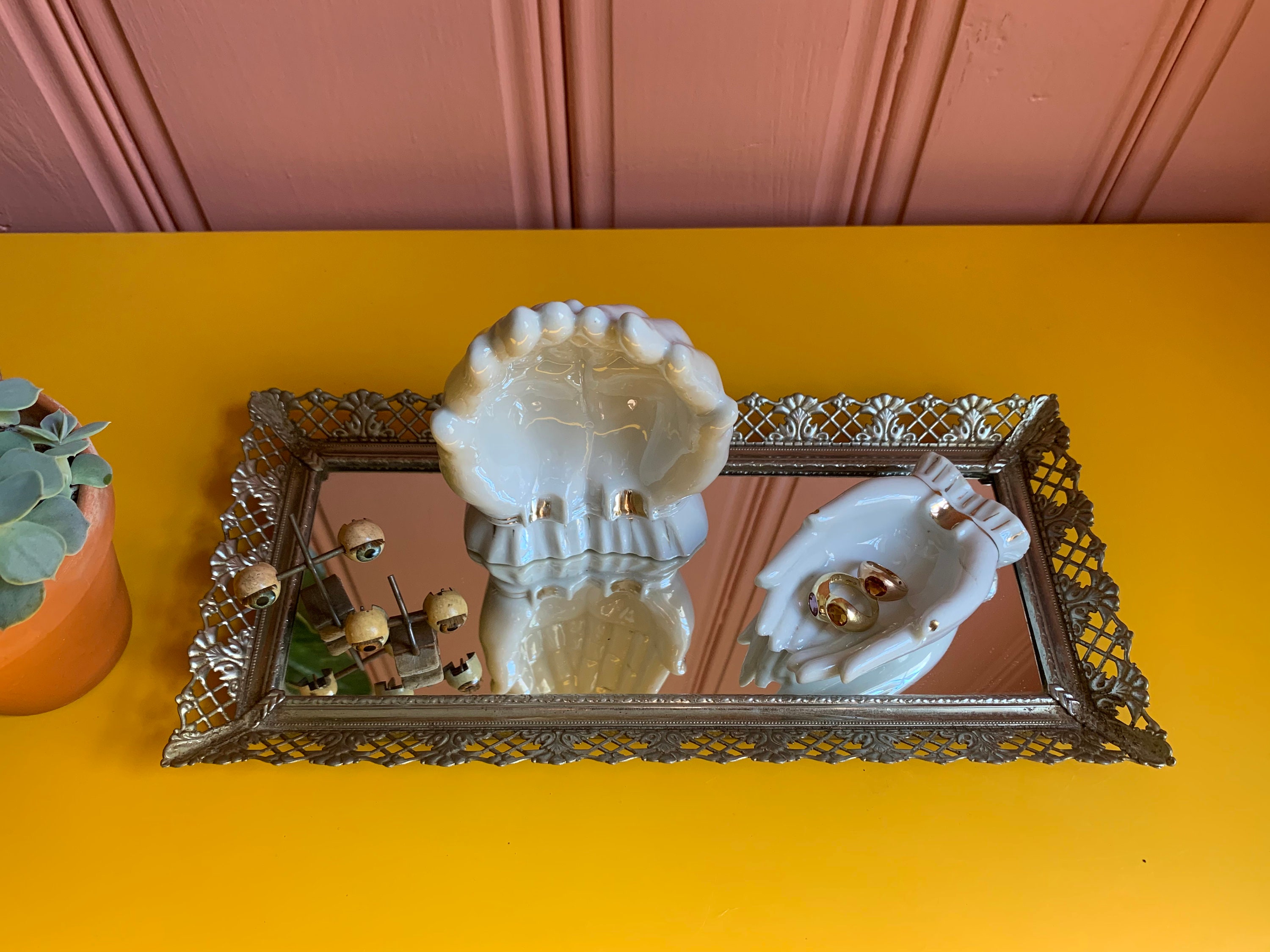 Vintage Mirrored Vanity Tray With Filigree Frame