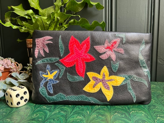 Vintage 1980's Covertable Clutch Purse With Abstract Floral Appliqué By Clemente