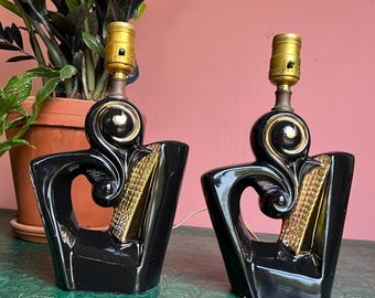 Pair Of Mid Century Black & Gold Ceramic Boudoir Lamps With Question Marks And Angular Silhouettes