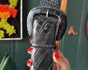 Vintage Ralph Lauren Croc Embossed Black Leather Belt