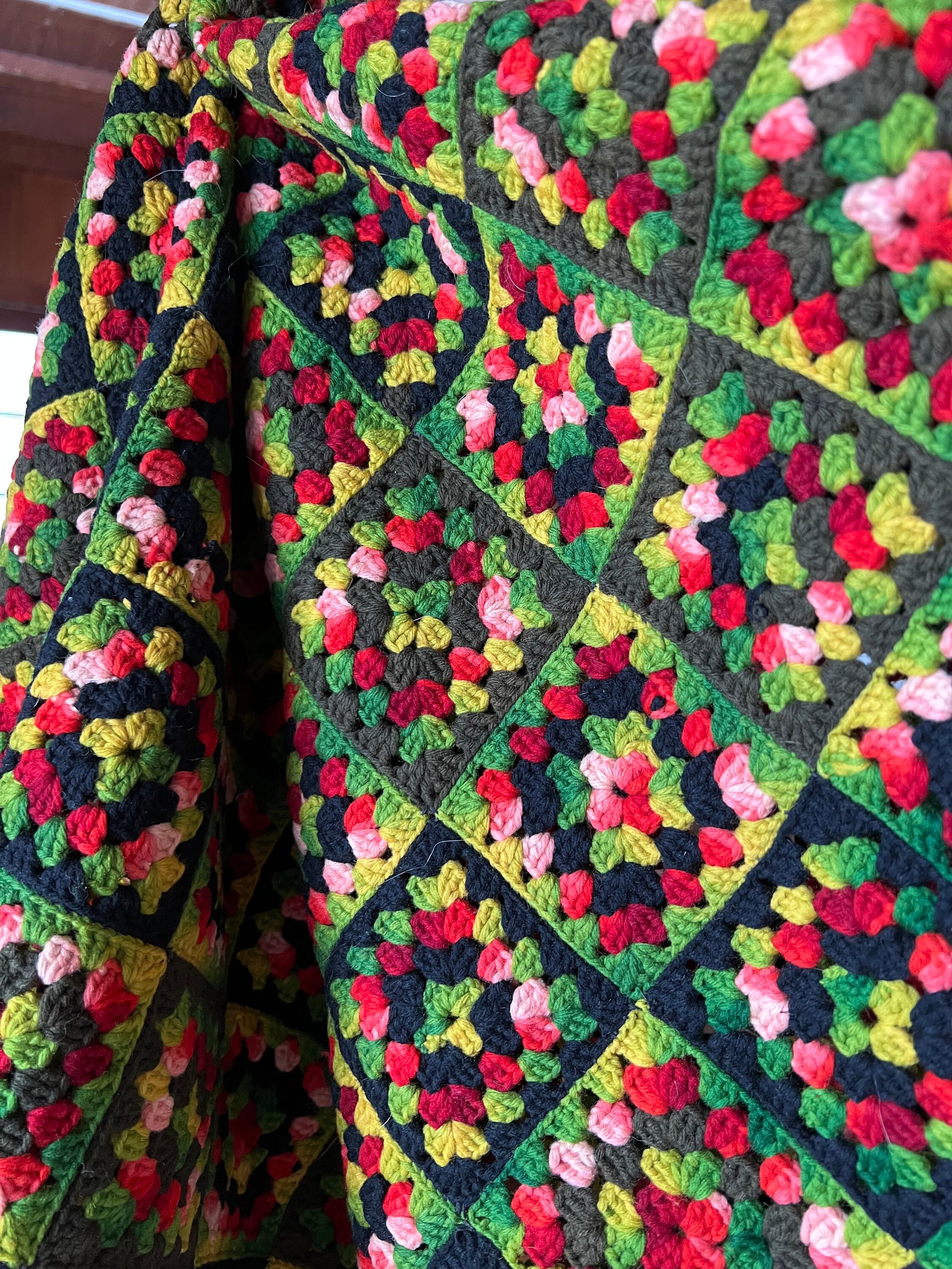 Vintage Crochet Granny Square Blanket In Black, Greens & Pinks