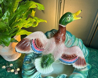 Colorful Mid Century Ceramic Mallard Lamp With Built In Planter