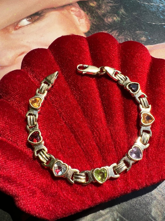 Vintage 14k Yellow Gold Bezel Set Multi-Gemstone Hearts Tennis Bracelet