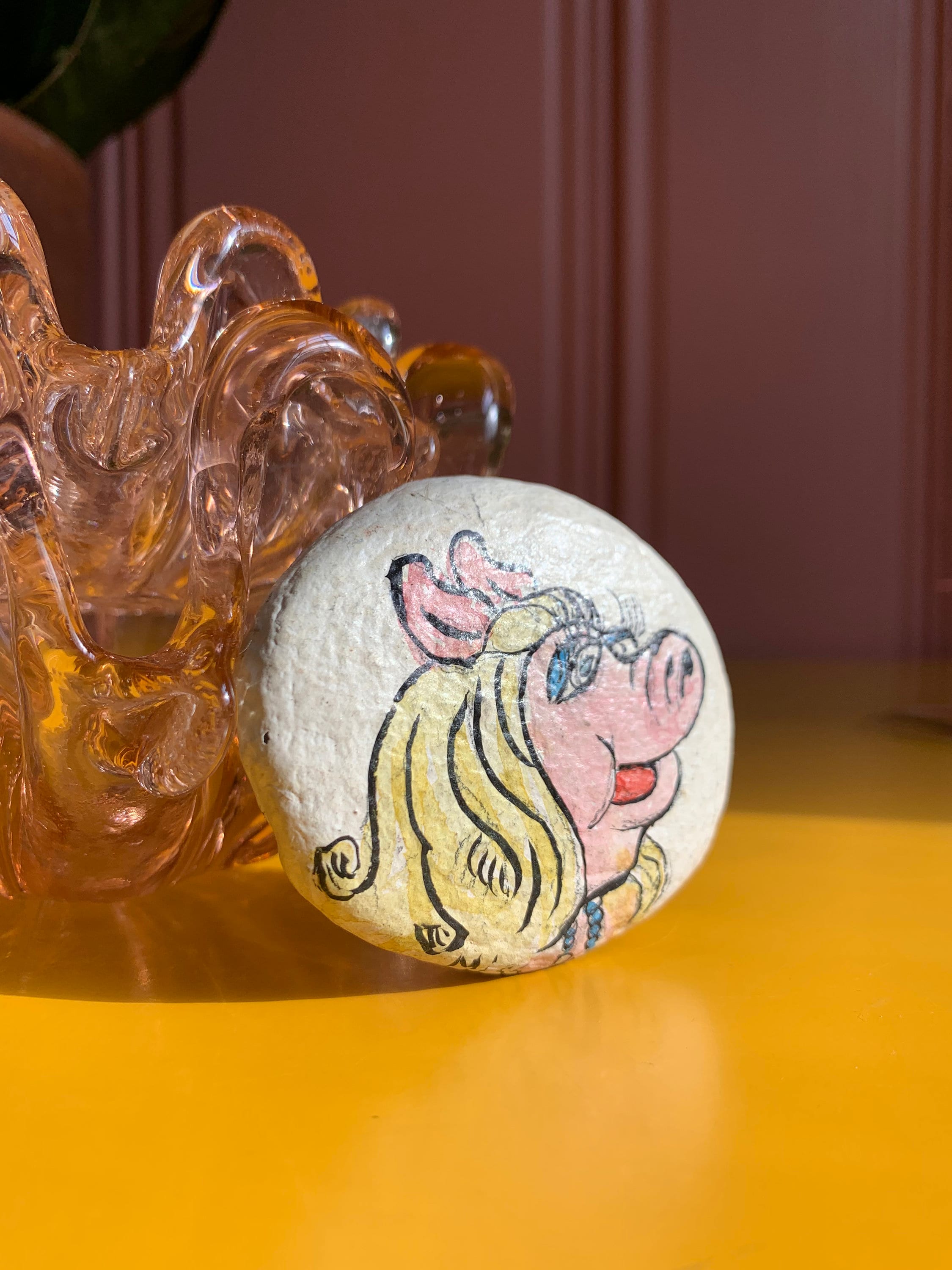 Vintage Miss Piggy Portrait Painting On Rock