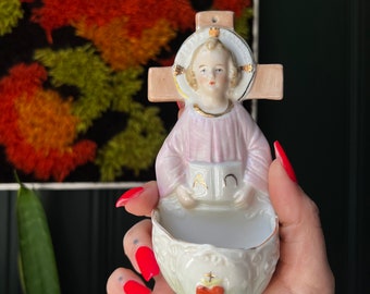 Vintage Porcelain Infant Jesus And Sacred Heart Of Jesus Holy Water Font With Cross And Gold Details