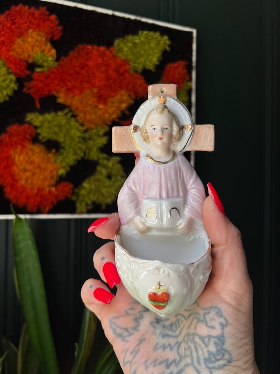 Vintage Porcelain Infant Jesus And Sacred Heart Of Jesus Holy Water Font With Cross And Gold Details