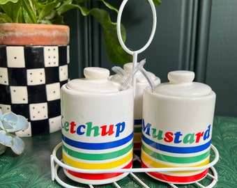Set Of Three Vintage Colorful Striped Ceramic Condiment Jars For Ketchup, Mustard & Relish