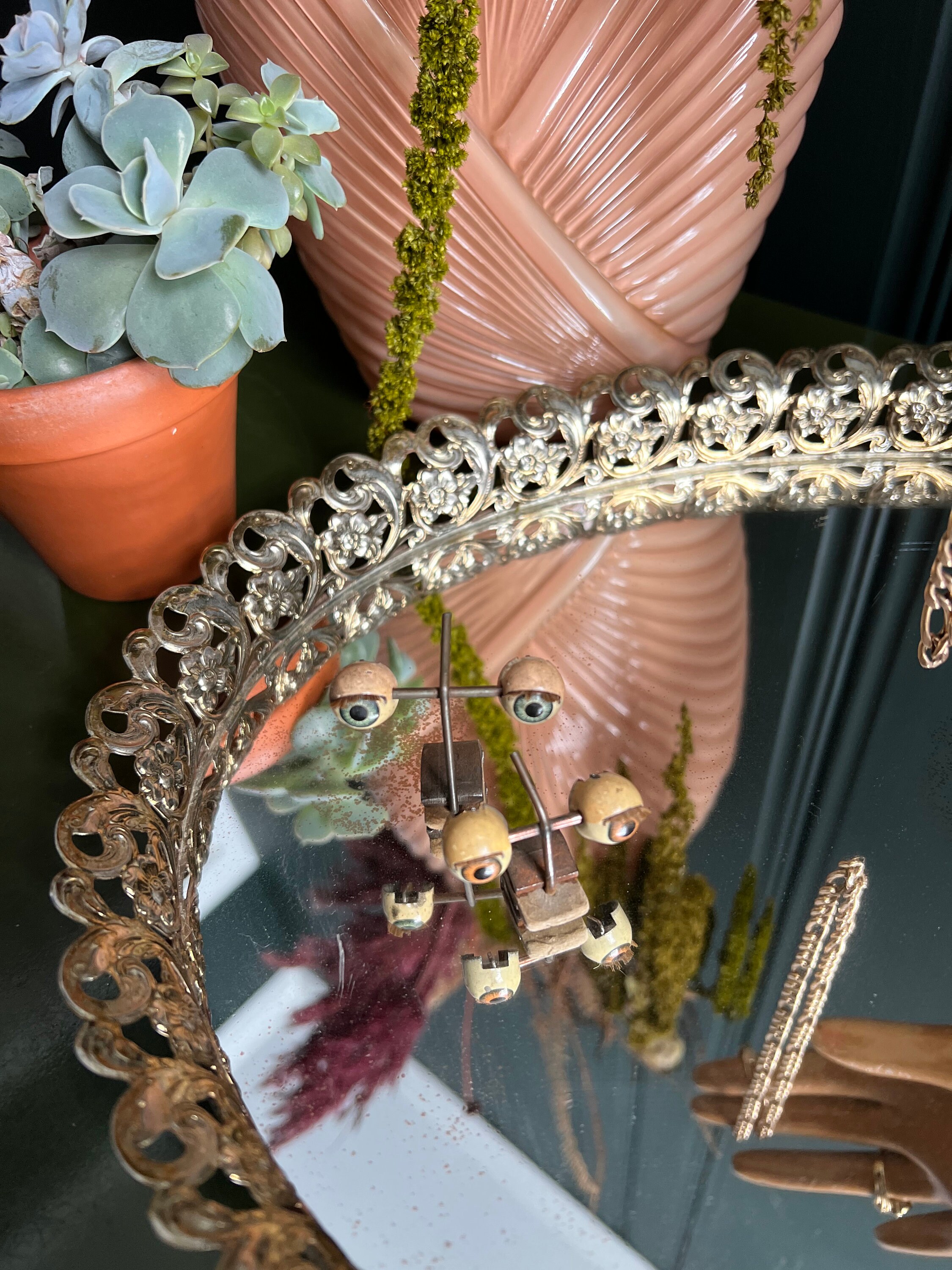 Large Mirrored Vanity Display Tray With Floral Filigree Frame