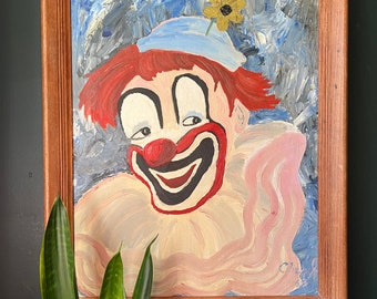 Large Vintage 1960’s Clown Portrait Painting In Original Wood Frame
