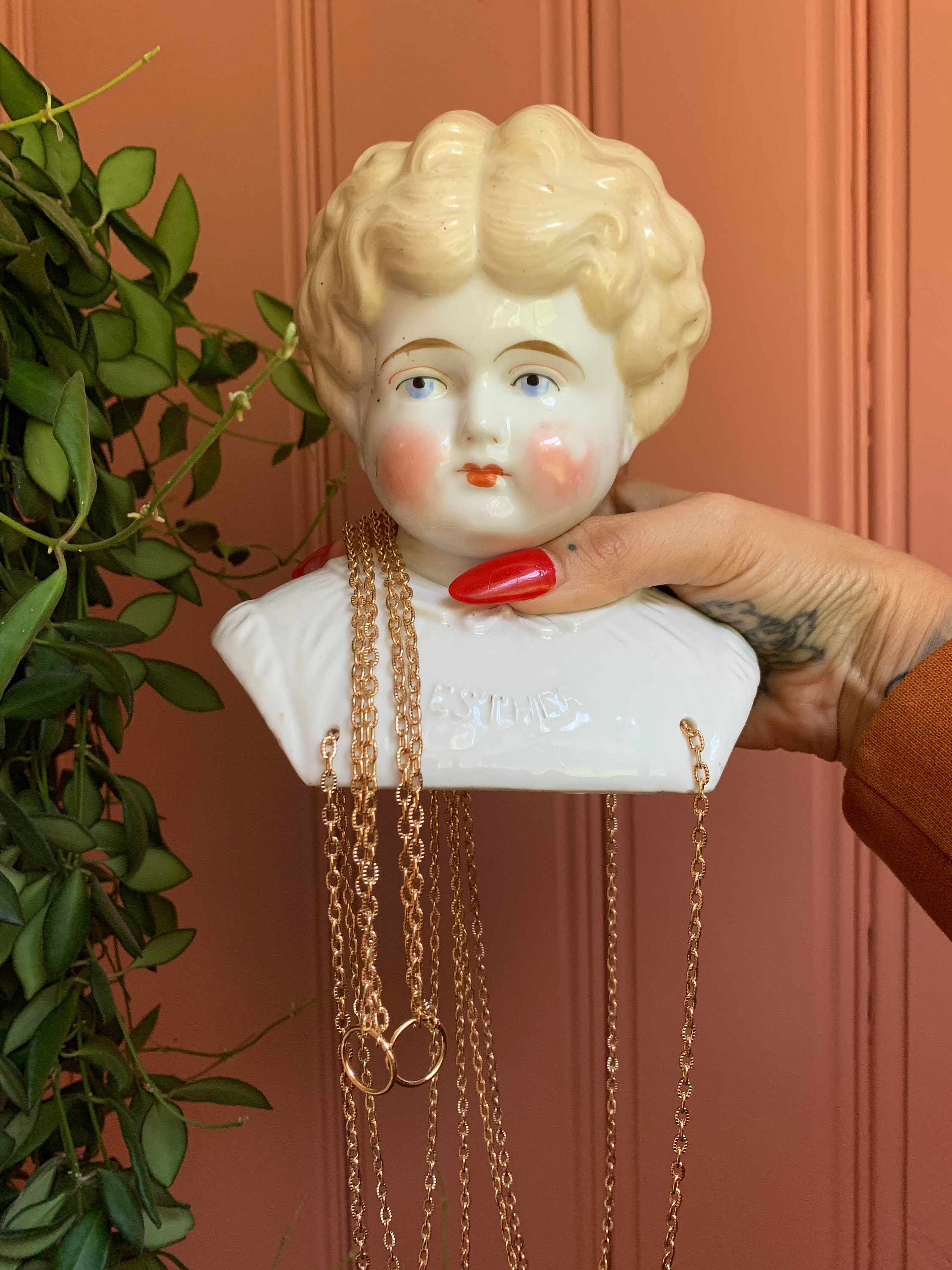 Extra Large Antique Porcelain Doll Bust Hanging Planter With Gold Chain