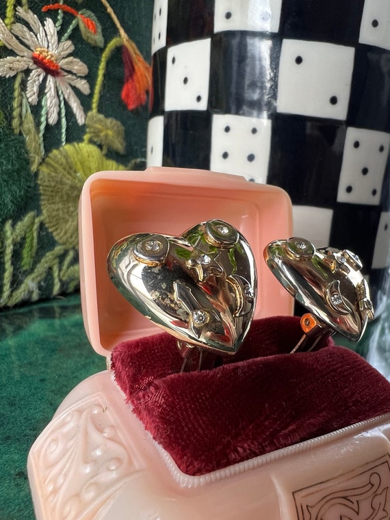 1980's Puffy Heart Clip On Earrings With Rhinesto… - image 7