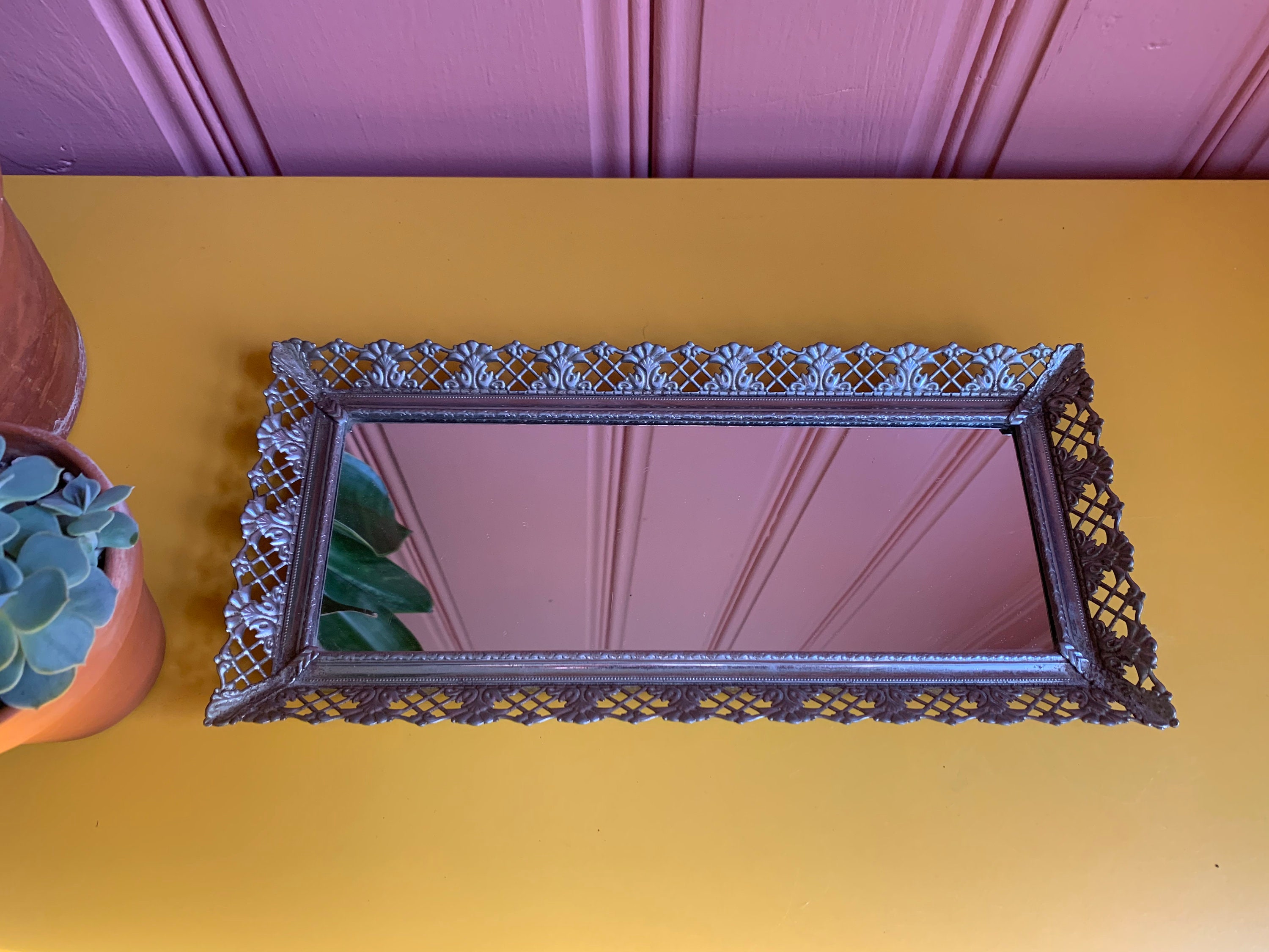 Vintage Mirrored Vanity Tray With Filigree Frame