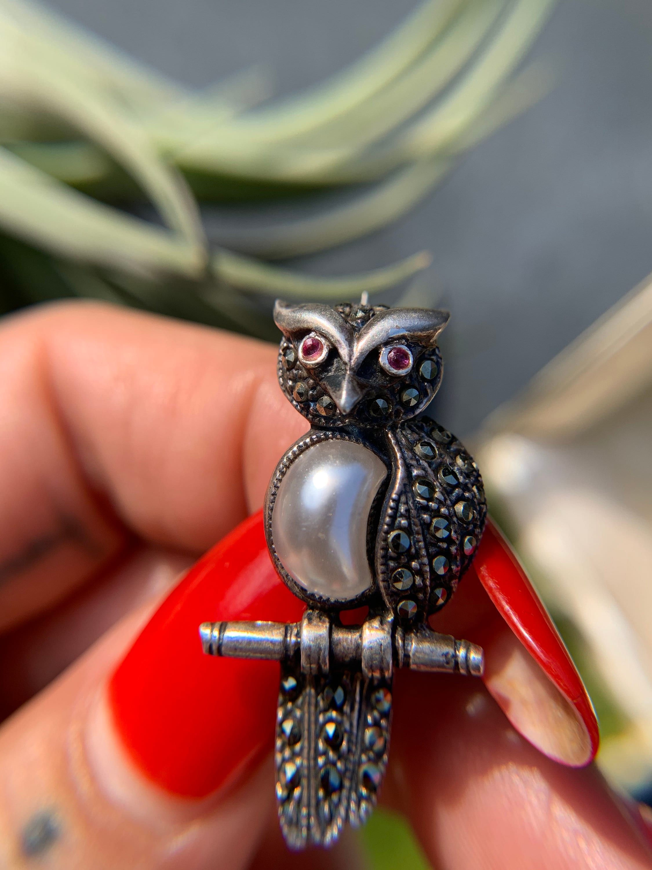 Vintage Sterling Silver Marcasite Owl Brooch With Ruby Eyes And Pearl Belly