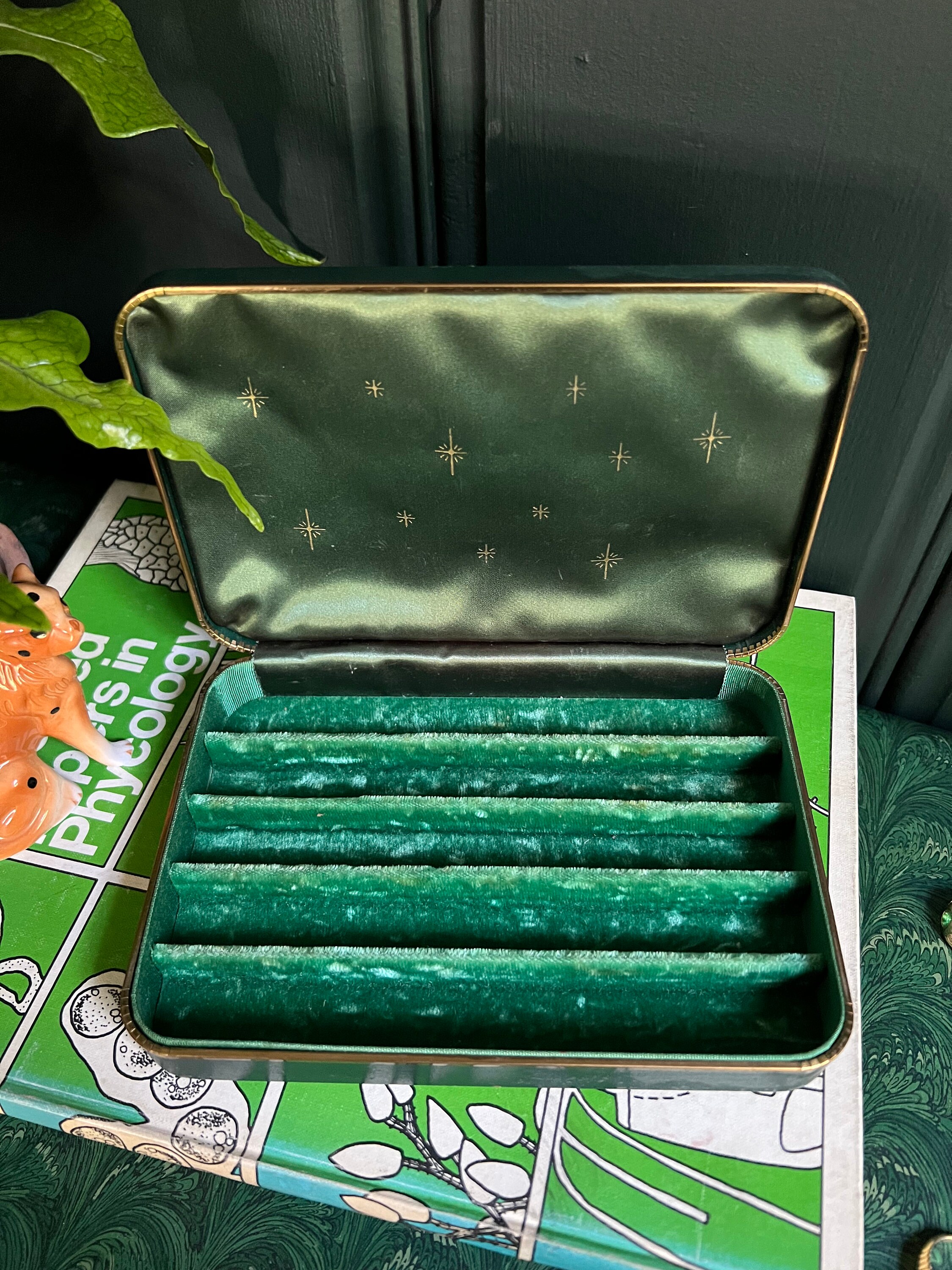 Vintage Emerald Green Jewelry Box With Gold Details, & Velvet And Silk Linings by Farrington