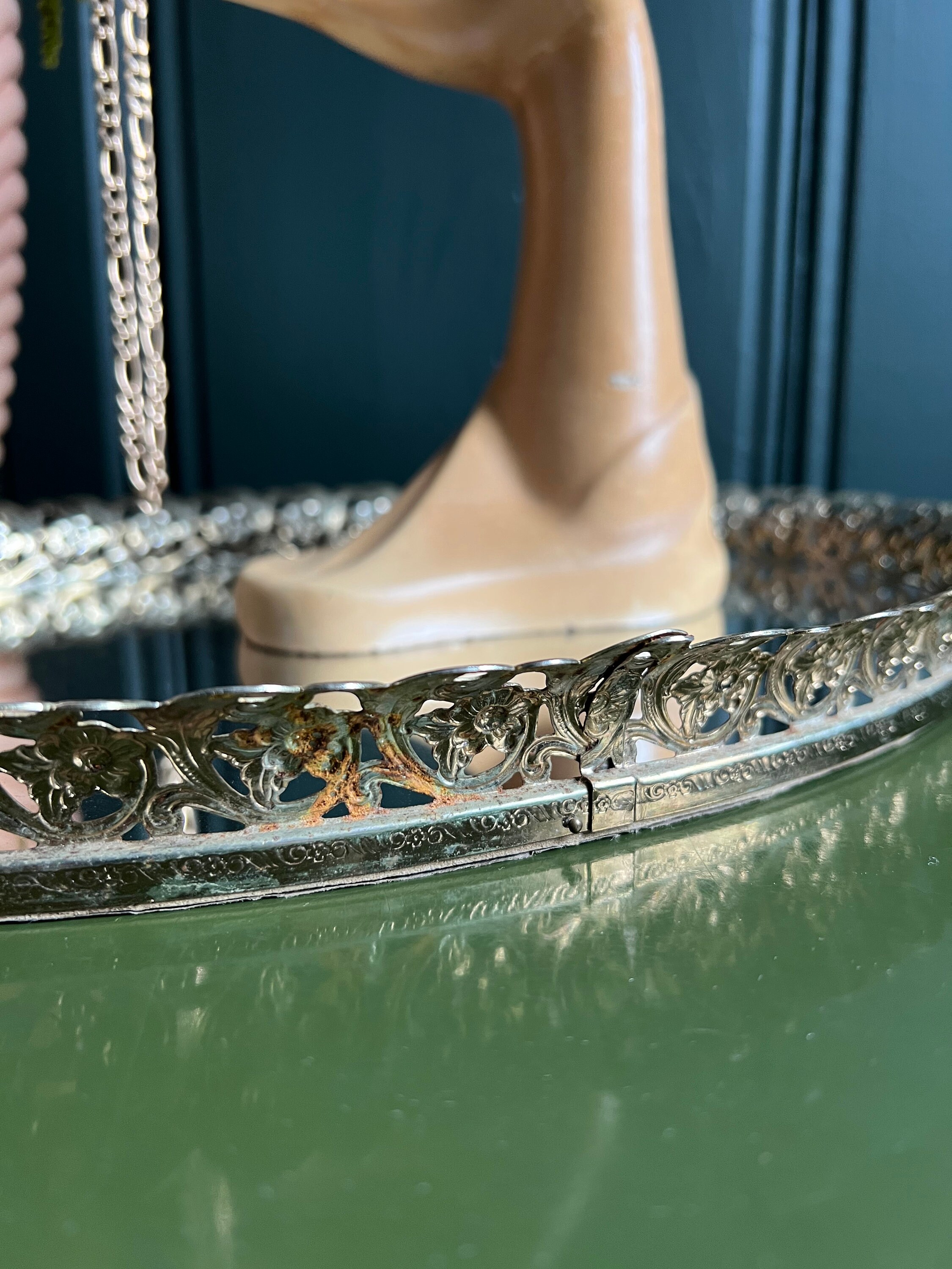 Large Mirrored Vanity Display Tray With Floral Filigree Frame