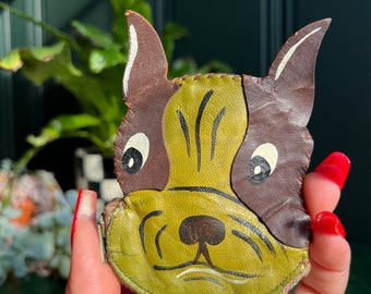 Vintage Hand Painted Leather Boston Terrier Head Coin Purse