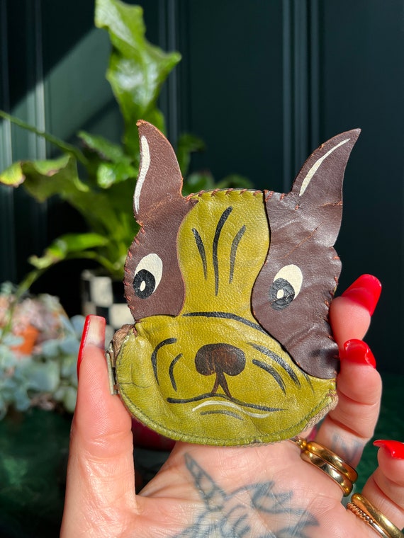 Vintage Hand Painted Leather Boston Terrier Head Coin Purse