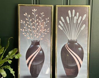 Pair of 1980's Art Deco Revival Vase Prints In Original Gold Frames