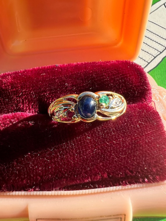 Vintage 14k Yellow Gold Sapphire, Ruby, Emerald & Diamond Ring