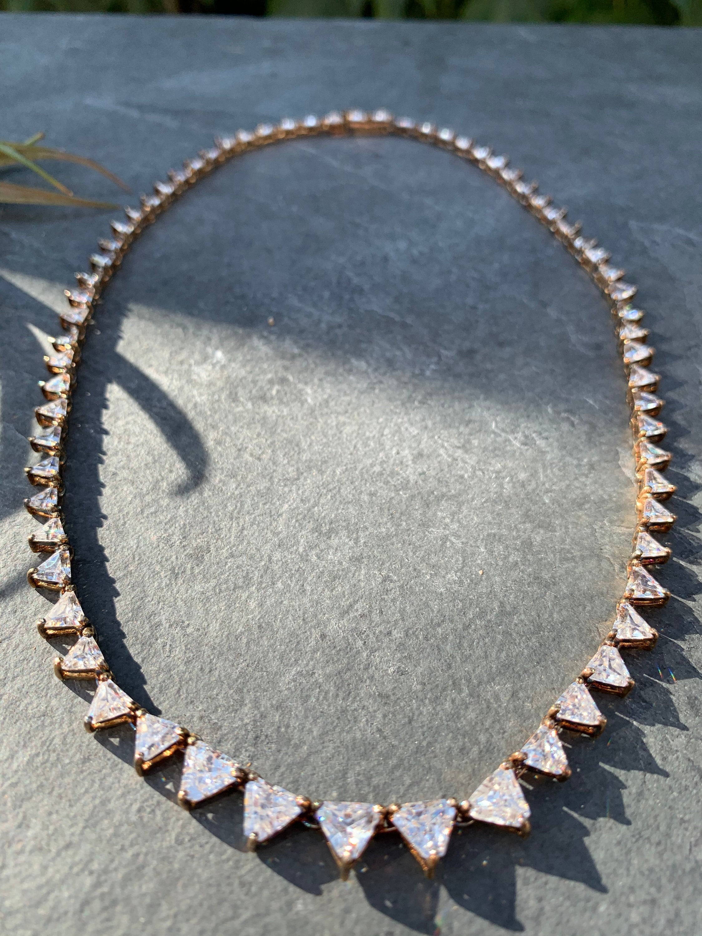 Vintage Trillion CZ Tennis Necklace Gold Vermeil Over Sterling Silver