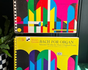 Pair Of Vintage Bach For Organ Sheet Music Books With colorful Graphic Colors