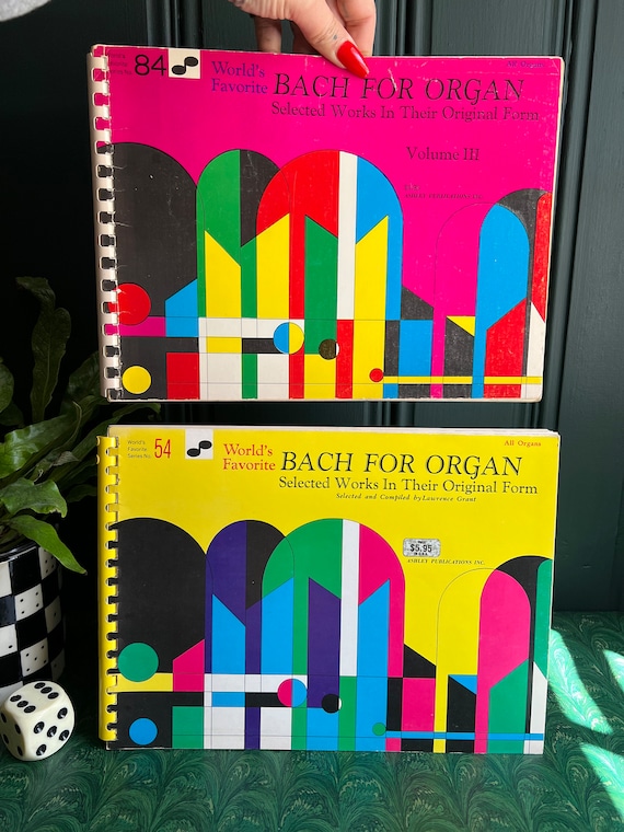 Pair Of Vintage Bach For Organ Sheet Music Books With colorful Graphic Colors