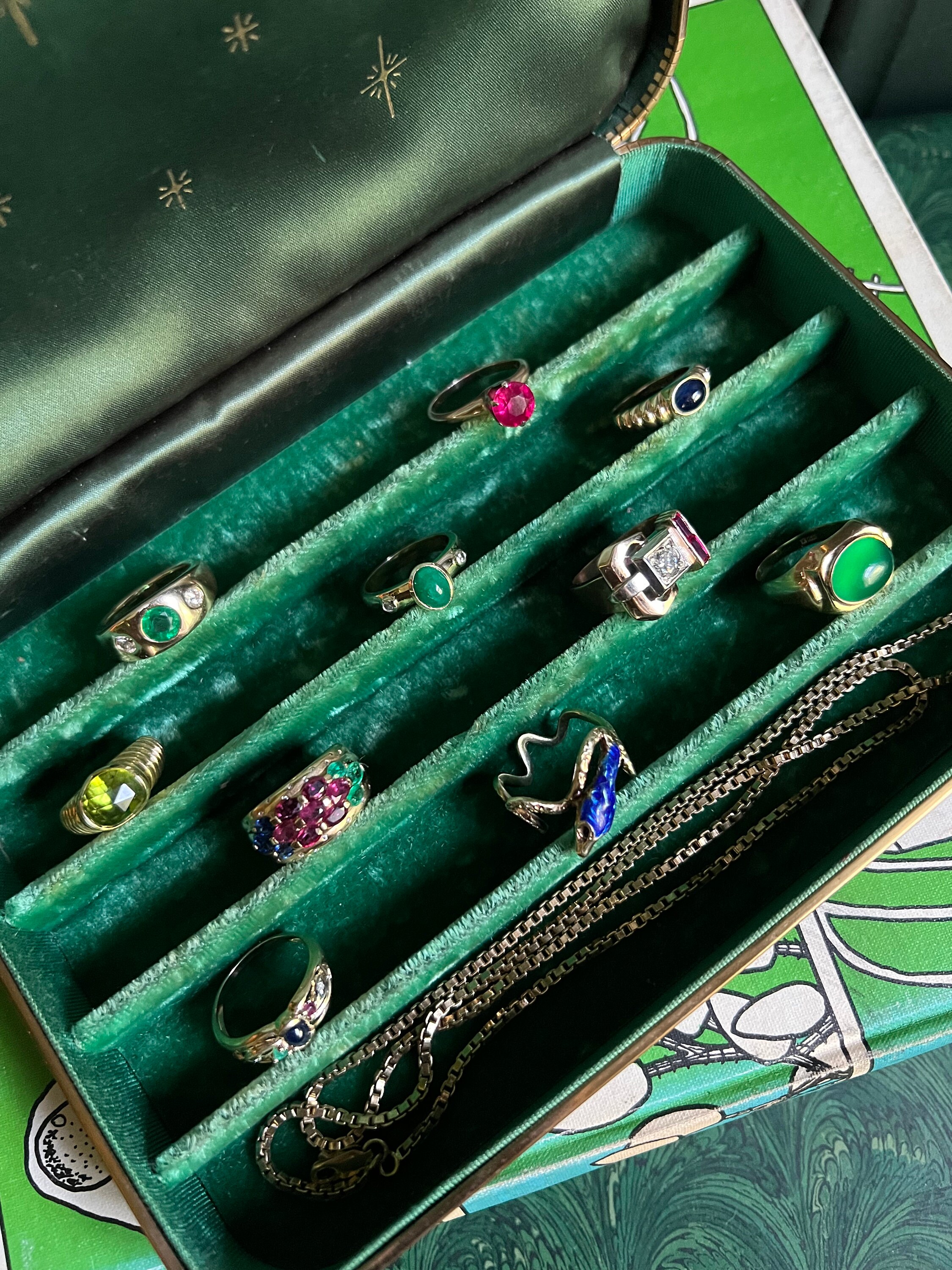 Vintage Emerald Green Jewelry Box With Gold Details, & Velvet And Silk