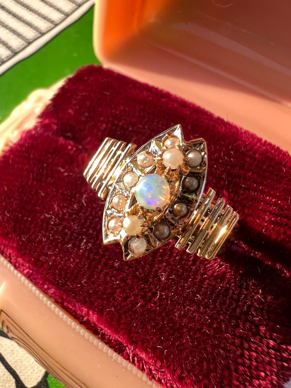 Antique Victorian 10k Rose Gold Opal Seed Pearl Ring