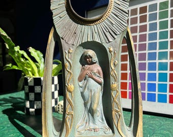 Antique Art Nouveau Mantle Clock Casing Statue With Woman And Florals