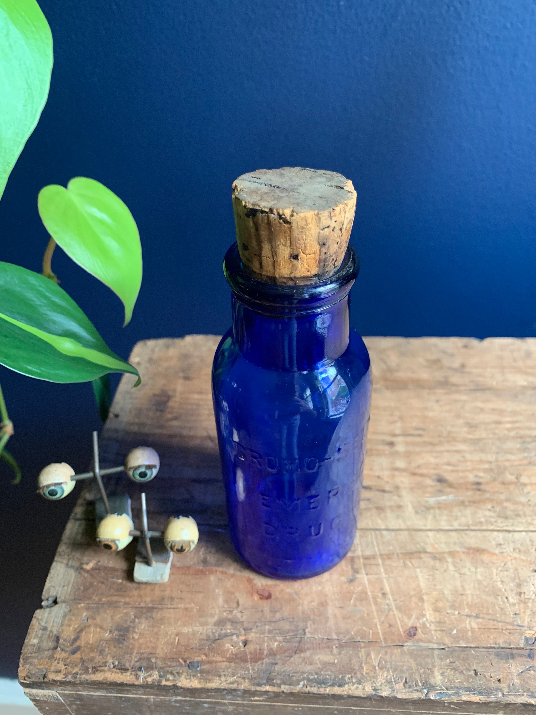 Blue Glass Bromo Seltzer Bottle With Original Cork