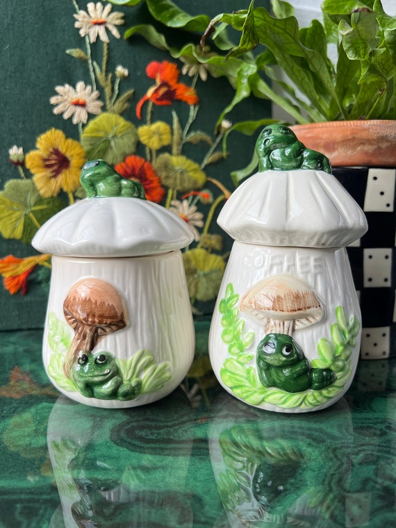 Set Of Two Vintage Ceramic Mushroom Jars With Frogs