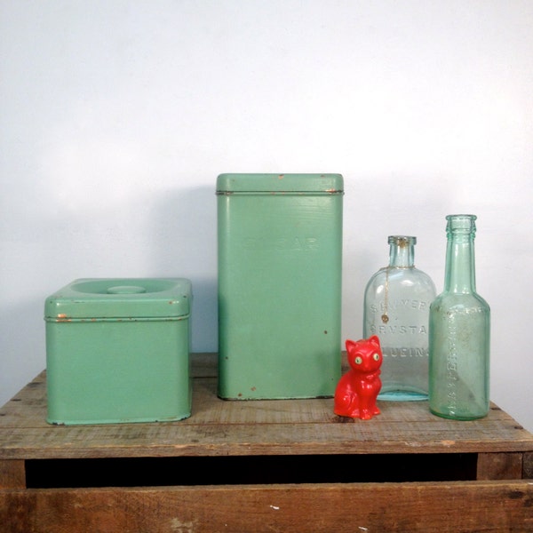 Mid Century Stackable Mint Green And Copper Flour, Sugar, Coffee & Tea Canister Set