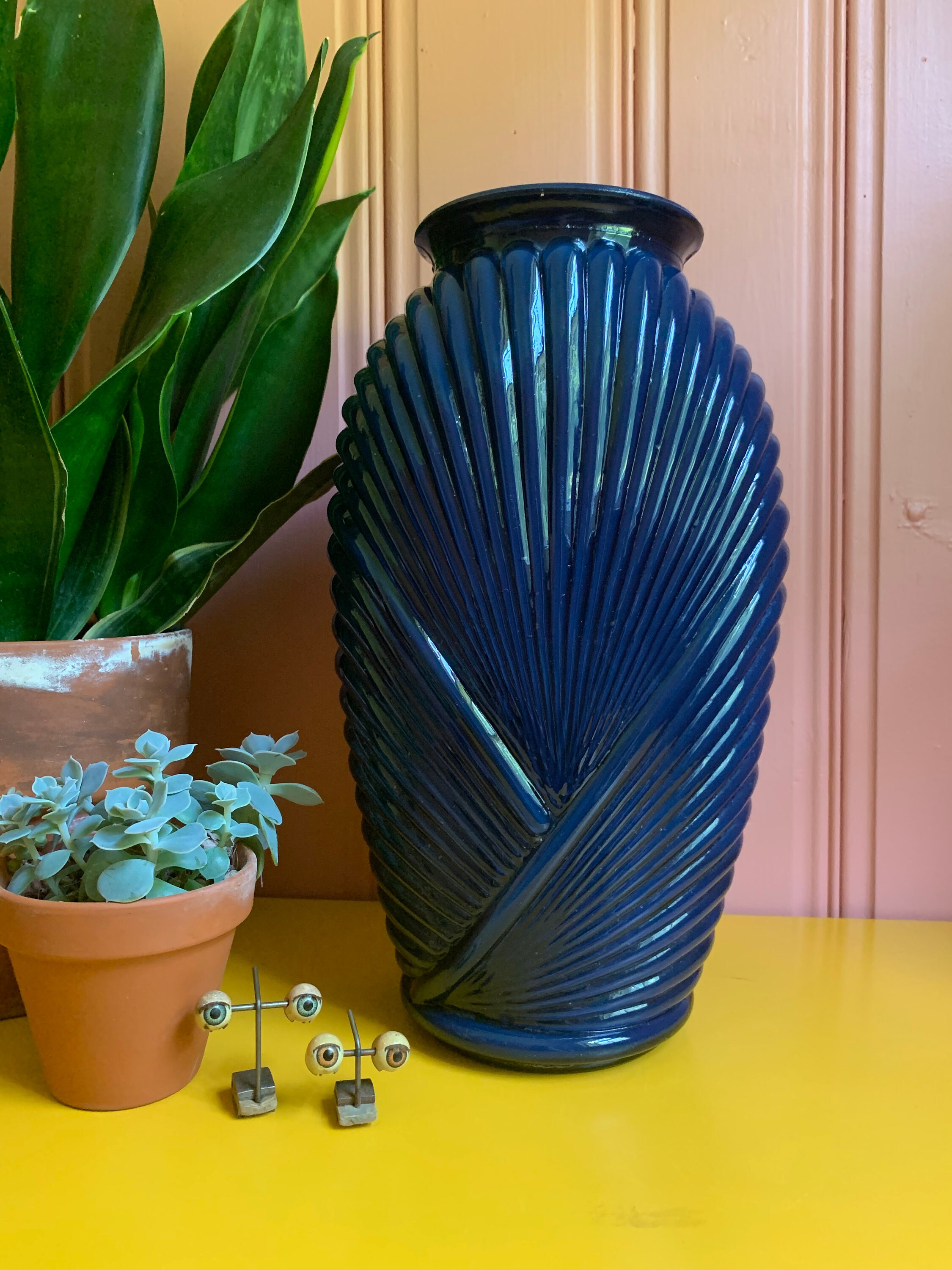 Large 1980’s Art Deco Revival Navy Blue Draped Glass Vase